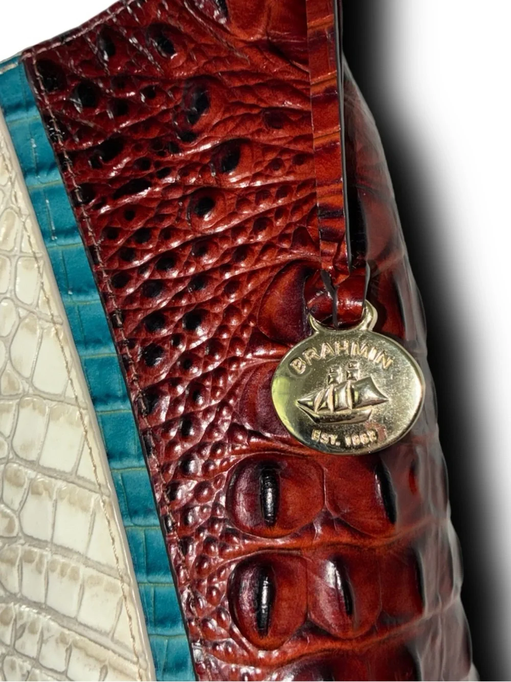 Brahmin Cream Croc-Embossed Hobo with Burgundy and Teal Trim